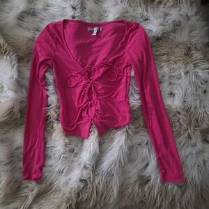 Women's Fuchsia Tie-Front Long Sleeve Crop Top